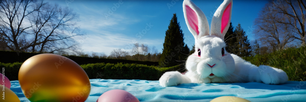 White rabbit sitting in frost snow field with colorful easter eggs. Easter, Pascha or Resurrection Sunday, Christian festival and cultural holiday concept. Wide banner White rabbit sitting in frost snow field with colorful easter eggs. Easter, Pascha or Resurrection Sunday, Christian festival and cultural holiday concept. Wide banner