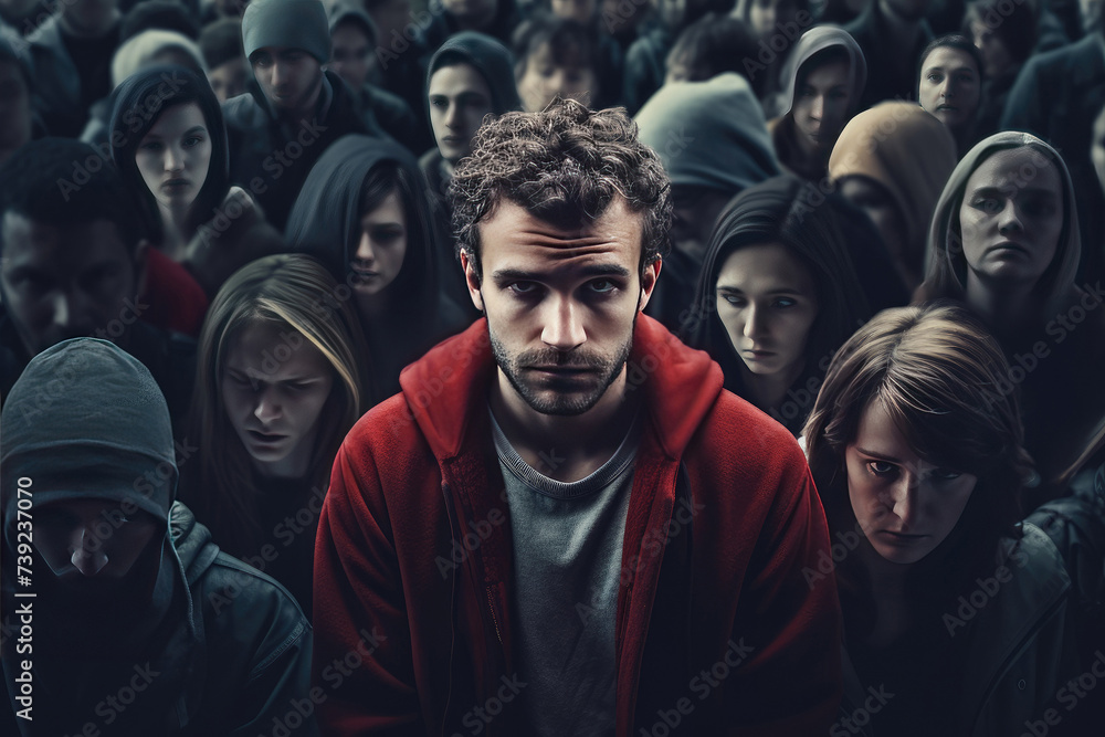 Sad or depressed man feeling lonely in crowd. Person with psychological problems suffering from lack of friends and communication. Mental health problems Sad or depressed man feeling lonely in crowd. Person with psychological problems suffering from lack of friends and communication. Mental health problems
