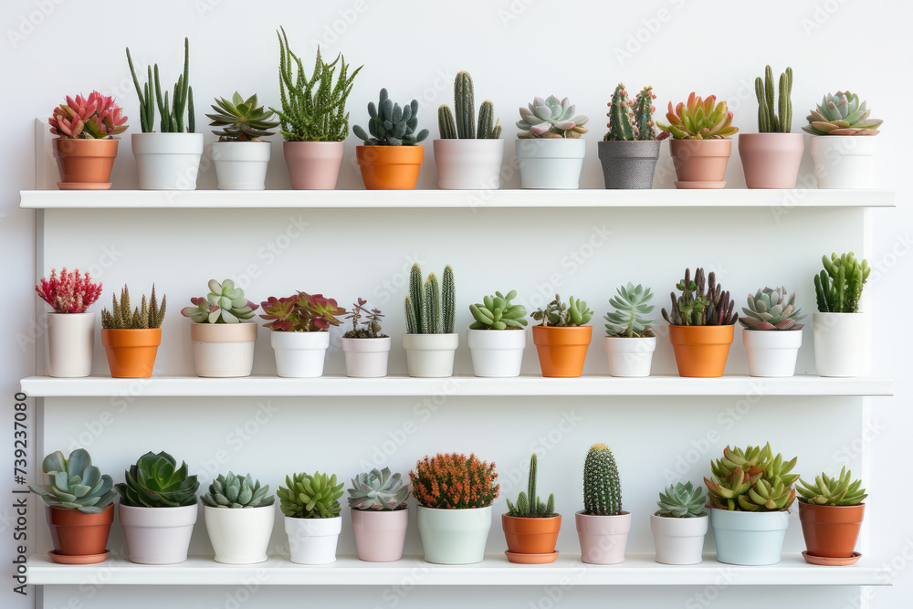 Stylish white wooden shelves with green succulent plants. Modern hipster room decoration Stylish white wooden shelves with green succulent plants. Modern hipster room decoration