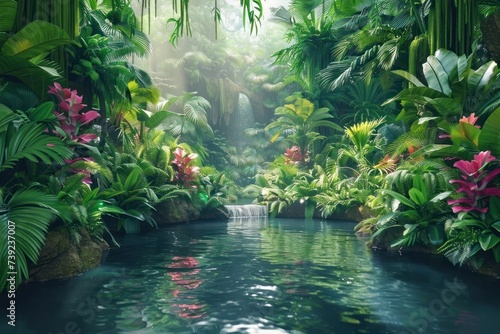 Lush rainforest in 3D, dense foliage and exotic animals, jungle adventure