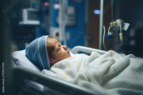 Newborn infant asleep in crib in delivery room