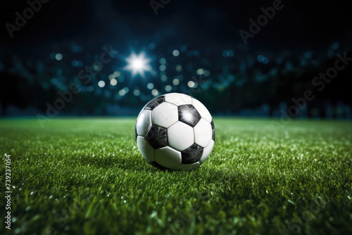 Black and white soccer ball on green grass in the center of a stadium, illuminated by spotlights