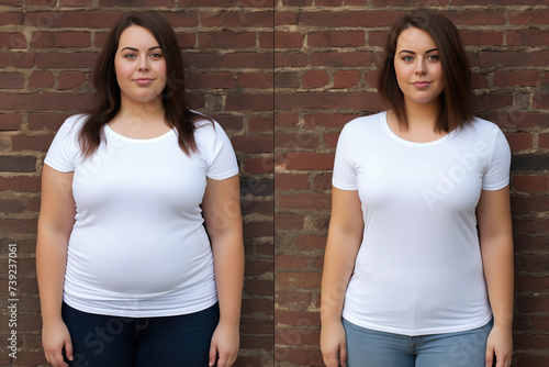 Woman posing before and after weight loss. Diet and healthy nutrition. photo