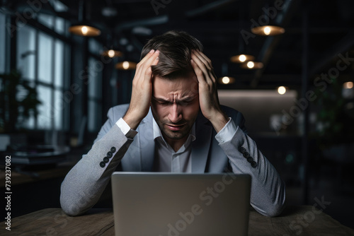 Young handsome dark-haired businessman in casual clothes using laptop and having headache while working in office. Burnout concept © Ekaterina Pokrovsky