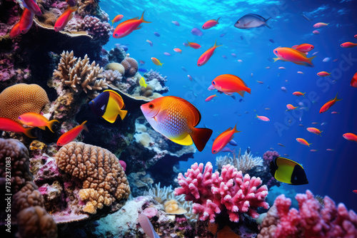 Underwater coral reef landscape in the deep blue ocean with colorful tropical fish and marine life © Ekaterina Pokrovsky