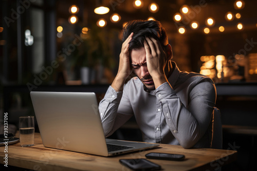 Young handsome dark-haired businessman in casual clothes using laptop and having headache while working in office. Burnout concept