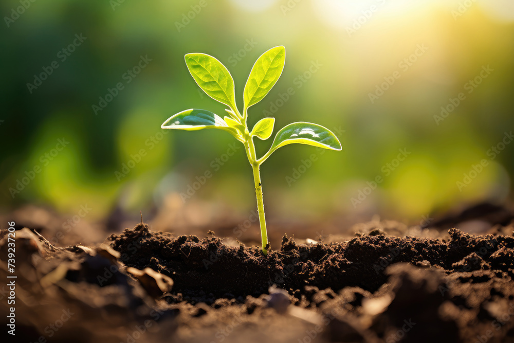 Fototapeta premium green plant sprout growing from the black soil the morning light