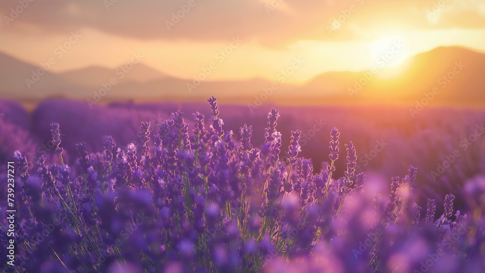 Lavender field blooms In the spring sunrise