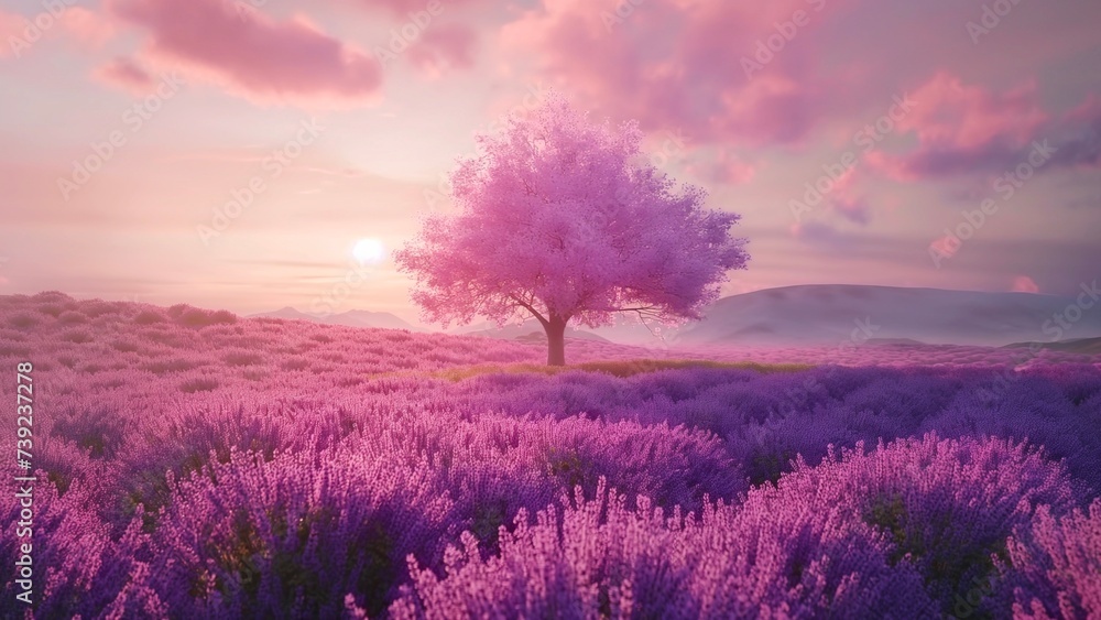 Blooming Lavender garden with a tree in the middle and sunrise