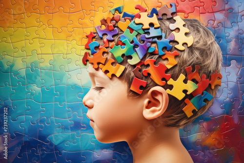 Little boy with colorful puzzle pieces in his hair