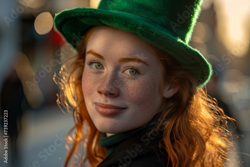 Portrait of young happy caucasian woman with red hair and leprechaun hat on street of Dublin. Cheerful black student walking on the streets and celebrating St. Patrick's day