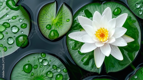 A white water lily blooms on the water surface surrounded by green leaves, viewed from the top. photo