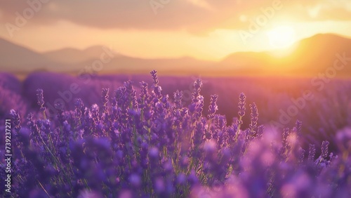 Lavender field blooms In the spring sunrise