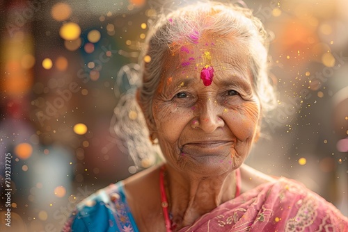Beautiful Hindu Indian senior woman celebrating lightning festival on Diwali or Holi day. Portrait of happy woman on the street of a city in India