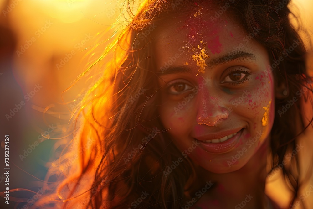 Beautiful Hindu Indian young girl celebrating Holi day. Portrait of happy woman on the street of a city in India, celebration of Festival of Colours, Love, and Spring Beautiful Hindu Indian young girl celebrating Holi day. Portrait of happy woman on the street of a city in India, celebration of Festival of Colours, Love, and Spring