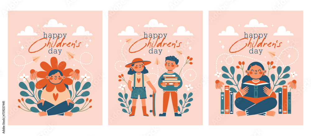 Set of card, banner, flyer template to World Children's Day. Cartoon cute illustrations with school boy, girl, skateboard, books, flower, plant, berries, leaves. Kawaii cheerful characters.Flat design