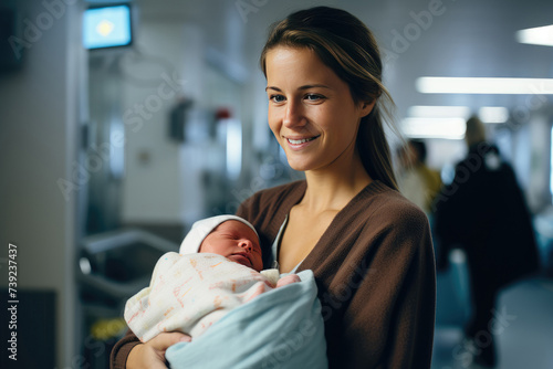 Young mother holding her new born child after labor. Parent and infant first moments of bonding in the hospital maternity ward