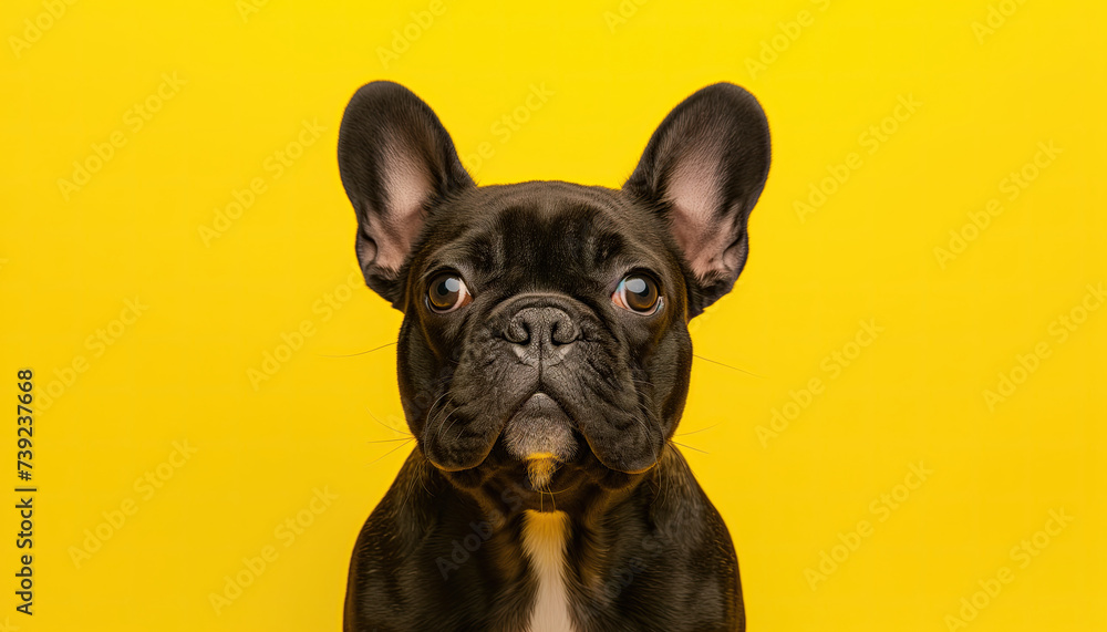 close up french bulldog isolated on the yellow background close up french bulldog isolated on the yellow background