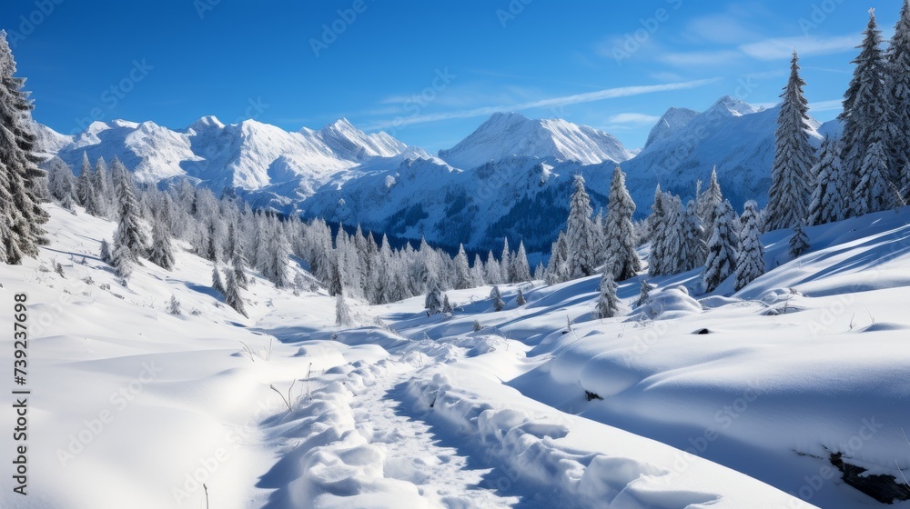 Snowshoe tracks leading through a pristine snowy meadow with mountains in the background, showcasing the adventure and exploration in winter landscape