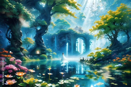 illustration of a woman in the middle of an amazing magical forest