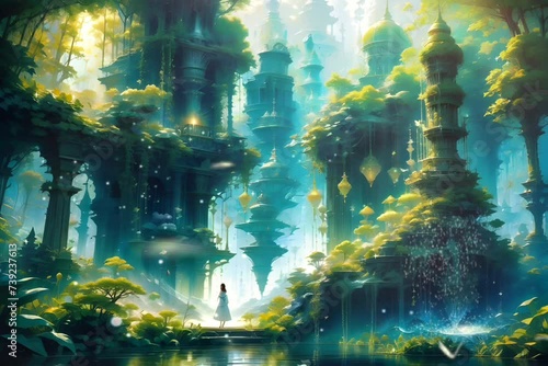a woman with a magical atmosphere in the middle of an enchanting forest, with a magnificent architectural structure with ancient buildings decorated with detailed carvings looping lanscape background