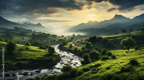 Rolling green hills of the countryside at sunrise  mist hovering in the valleys  a small farm visible in the distance  capturing the serene beauty of