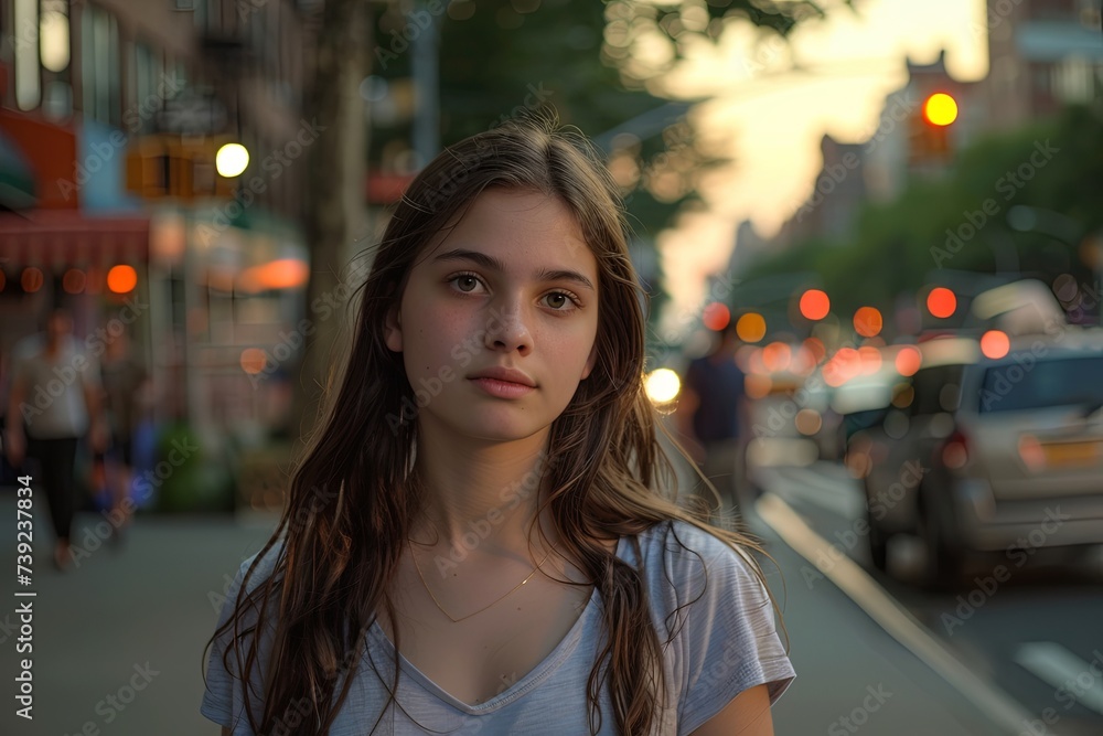 Fototapeta premium Portrait of young happy caucasian woman with brunette hairs and green eyes walking in the New York city. Cheerful student walking on the streets, goden hour time.