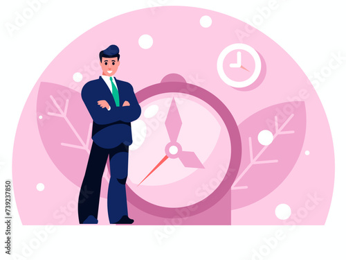 Time management concept. Businessman stands with arms crossed on chest. Standing confident man in a suit and tie. Background with big clock. Vector graphics