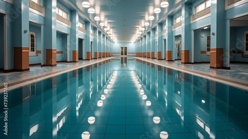 Indoor swimming pool  lanes ready for swimmers  reflection of the water on the ceiling  a sense of calm and discipline  Photography  shot from above t