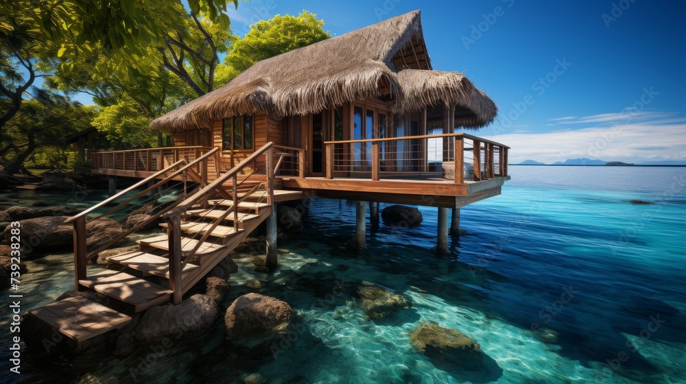 Overwater bungalow in a tropical lagoon, clear blue water, focus on the unique and luxurious accommodation style, symbolizing the dream of tropical li - obrazy, fototapety, plakaty 