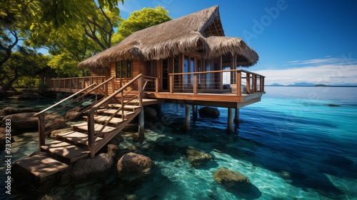 Overwater bungalow in a tropical lagoon, clear blue water, focus on the unique and luxurious accommodation style, symbolizing the dream of tropical li photo