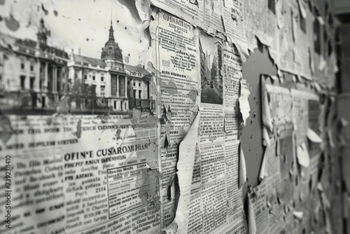 Old newspaper print wallpaper, historical snippets, black and white, textured past