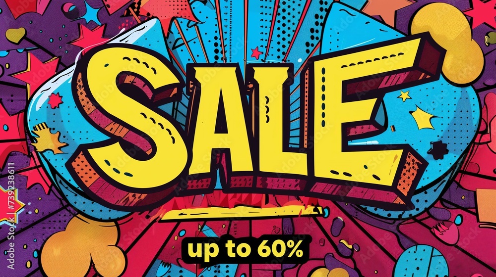 pop art style illustration of a text SALE up to 60% in a frame in bright bold colors pop art style illustration of a text SALE up to 60% in a frame in bright bold colors