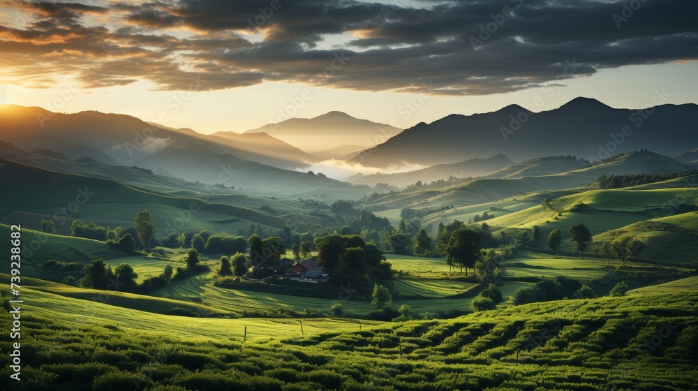 Rolling green hills of the countryside at sunrise, mist hovering in the valleys, a small farm visible in the distance, capturing the serene beauty of