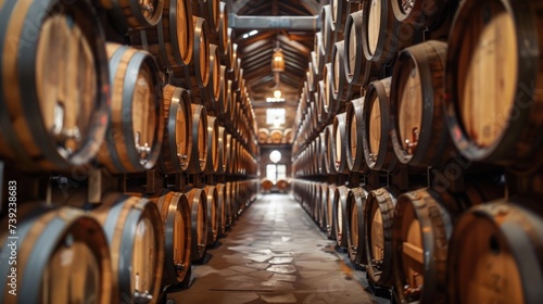 Whiskey bourbon scotch wine barrels in an aging facilit  