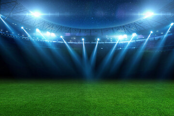 beautiful sports stadium with a green grass field shines with blue spotlights at night with stars. Sports tournament, world championship