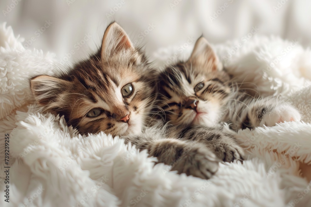 Two cute little kittens comfortable lie on a white blanket. AI generative Two cute little kittens comfortable lie on a white blanket. AI generative