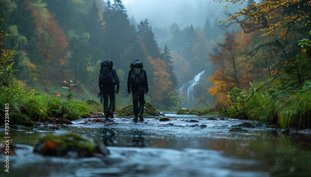 Obraz premium people in the first hiking with a floating river by their side. Melancholic hike through through the moody forest. Man and woman hiking in nature with moody lightning