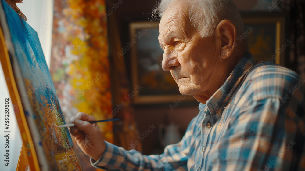 Artistic Expression: A series of medium shots portraying an elderly man engrossed in painting or drawing, highlighting the expressive and creative aspects of his artistic hobby, me