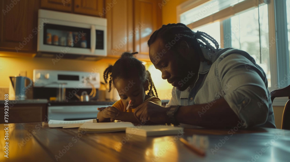 A candid shot of a single father helping his child with homework at the kitchen table, showcasing the dedication to their education, single father, act of careness A candid shot of a single father helping his child with homework at the kitchen table, showcasing the dedication to their education, single father, act of careness