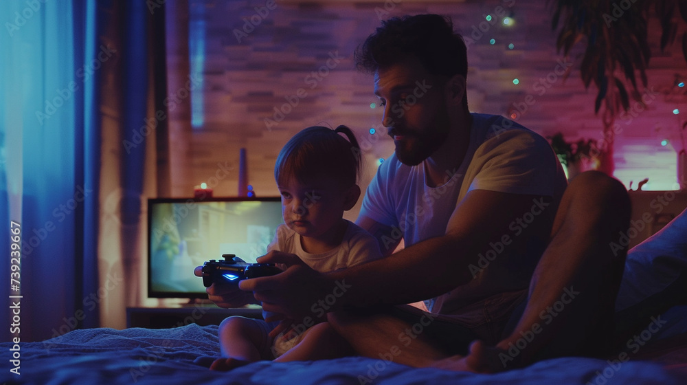 A playful snapshot of a single father and child playing video games together, showcasing the modern ways they bond and connect, single father, act of careness A playful snapshot of a single father and child playing video games together, showcasing the modern ways they bond and connect, single father, act of careness