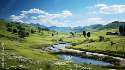 Wide view of rolling hills and meadows covered in wildflowers, picturesque and serene, capturing the idyllic beauty of rural landscapes, Photorealisti