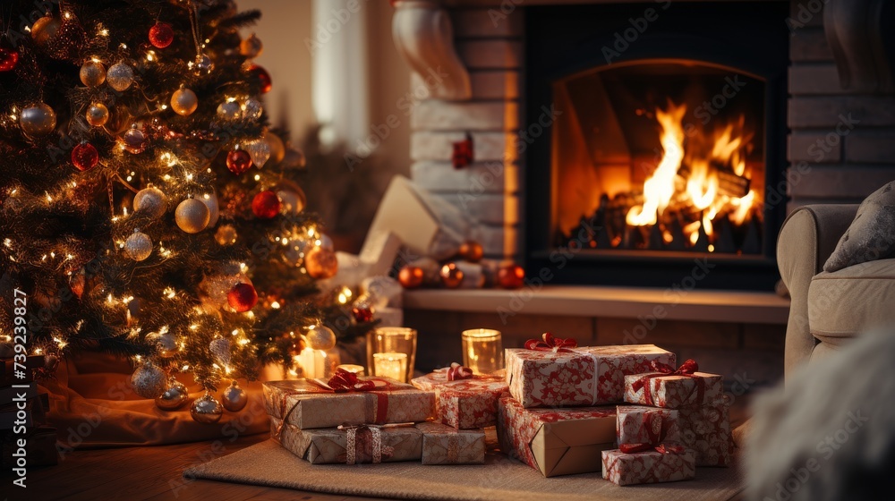 Living room decorated for Christmas, tree with lights and ornaments, fireplace with stockings, no people, capturing the warmth and festive spirit of h