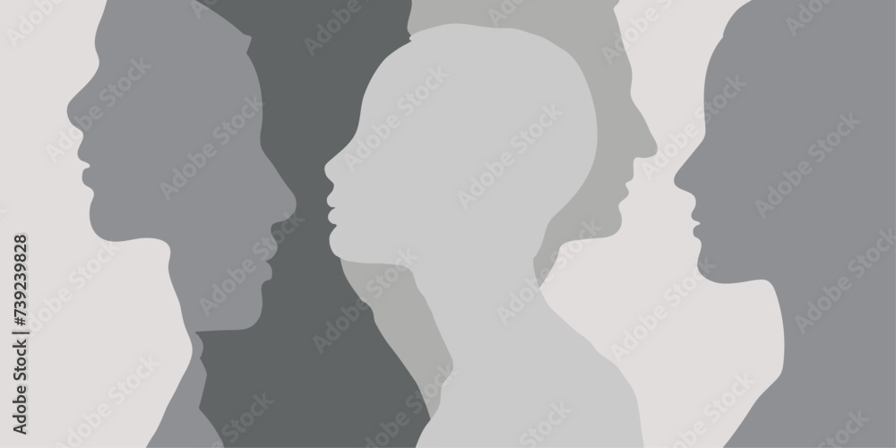 Cultural, ethnic and racial diversity of people. Mixed race, multiculturalism, intercultural communication concept. Abstract people profile silhouette