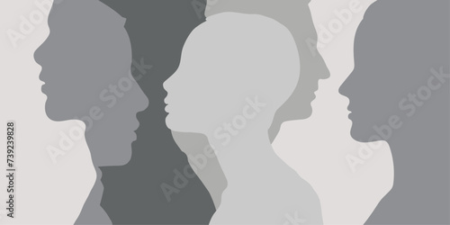 Cultural, ethnic and racial diversity of people. Mixed race, multiculturalism, intercultural communication concept. Abstract people profile silhouette