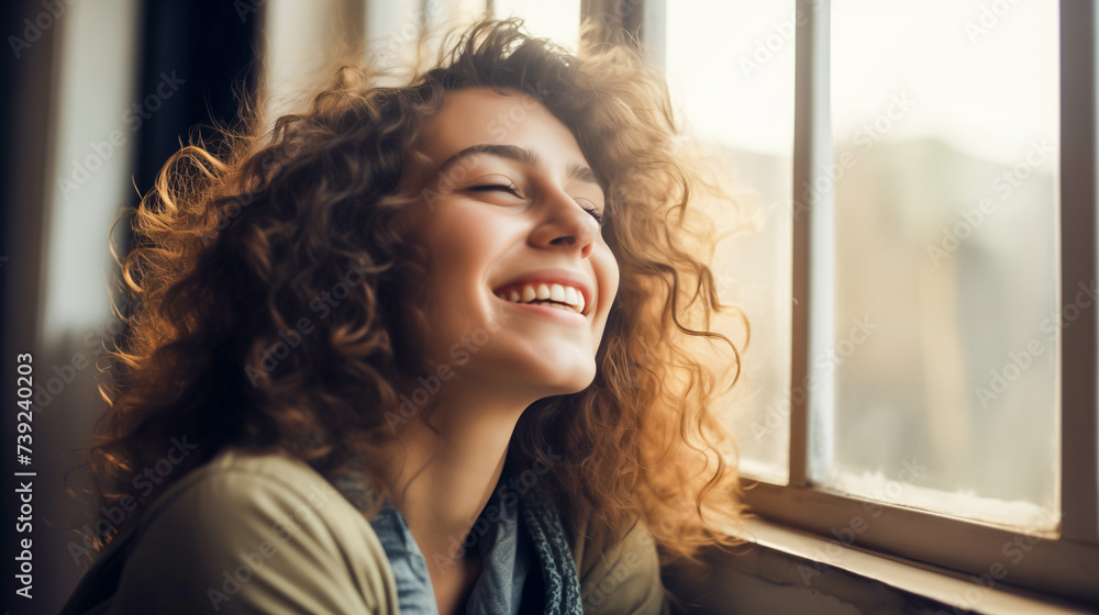Young woman sitting by the window and watching outside Young woman sitting by the window and watching outside