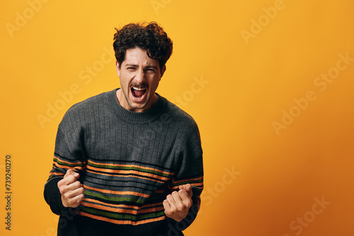 Photography Man happy background orange student sweater portrait smile young gesture trendy