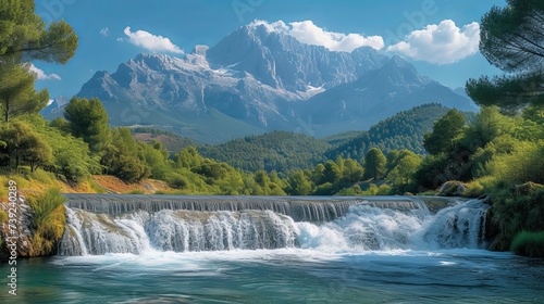 Hydroelectric dam in a mountainous landscape, rushing water, lush greenery, clear blue sky, embodying power and harmony with nature, Realistic landsca photo