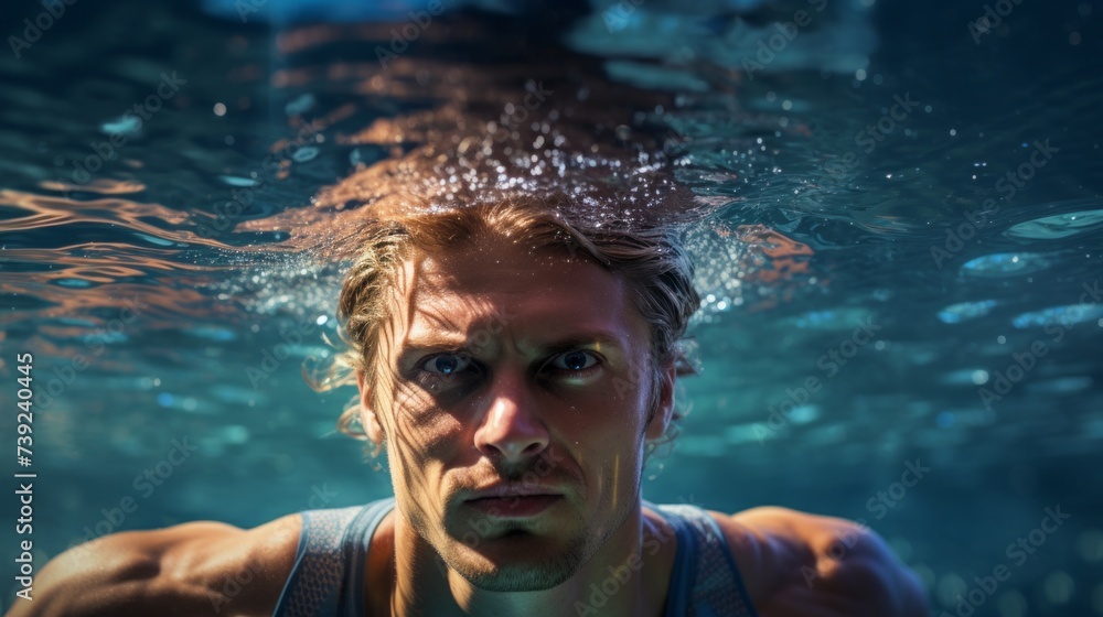 Close-up of a handsome athletic male swimmer swimming in a pool underwater, holding his breath. Healthy lifestyle, Training, Sports and preparation for the competition concept. Close-up of a handsome athletic male swimmer swimming in a pool underwater, holding his breath. Healthy lifestyle, Training, Sports and preparation for the competition concept.