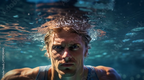 Close-up of a handsome athletic male swimmer swimming in a pool underwater, holding his breath. Healthy lifestyle, Training, Sports and preparation for the competition concept.